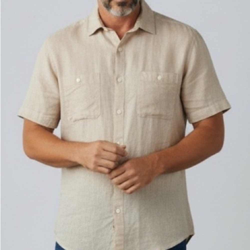 Bruno Sand Colored Linen Short Sleeved Button‎ Up Shirt, Men’s Small